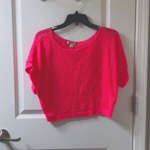 L Arizona Jeans Co. Hot Pink Oversize Knit Crop Top Distressed Summer Sweater